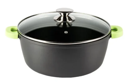 Olla alta de aluminio fundido Vier profesional con tapa de vidrio y asas de silicona medidas 20-24-28-32cm - GarHome.