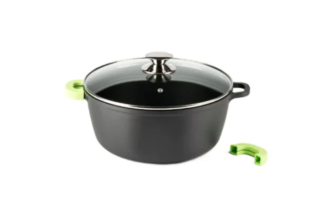 Olla alta de aluminio fundido Vier profesional con tapa de vidrio y asas de silicona medidas 20-24-28-32cm - GarHome.