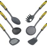 Juego de utensilios de nylon lifestyle Aiala con mango soft touch compuesto por cazo, cucharón, paleta, espátula, espumadera y servidor de espagueti