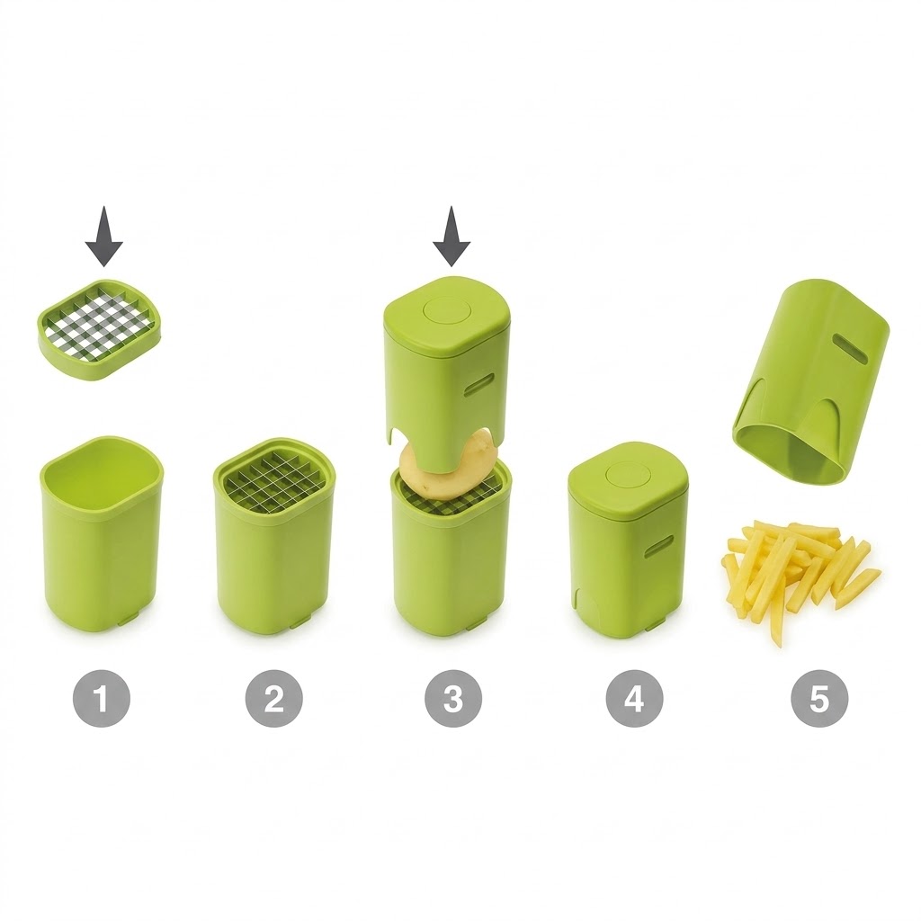 Corta patatas LifeStyle de color verde con cuerpo cilíndrico, cuchillas intercambiables de acero inoxidable para tres tipos de cortes y empujador superior