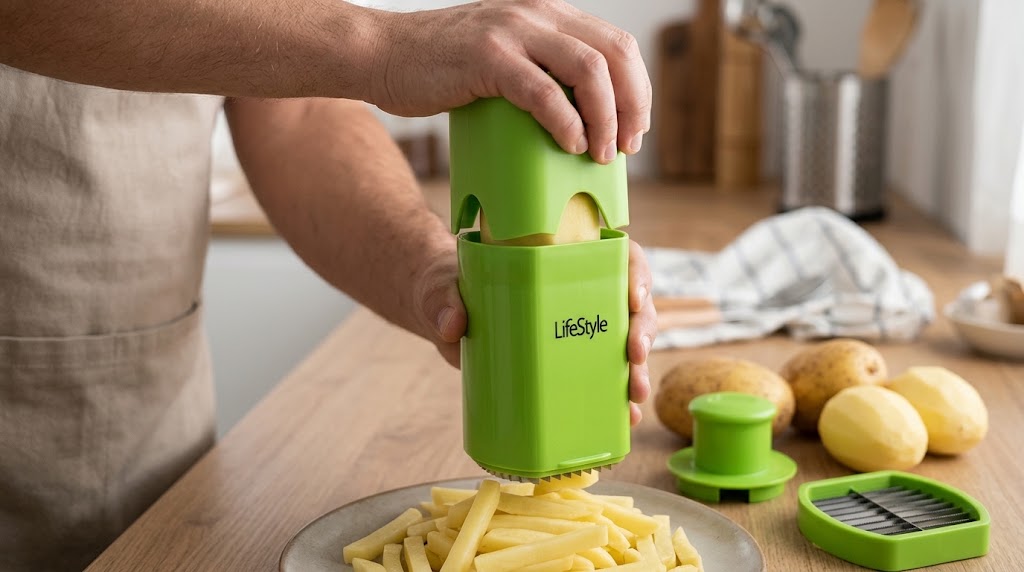 Corta patatas LifeStyle de color verde con cuerpo cilíndrico, cuchillas intercambiables de acero inoxidable para tres tipos de cortes y empujador superior
