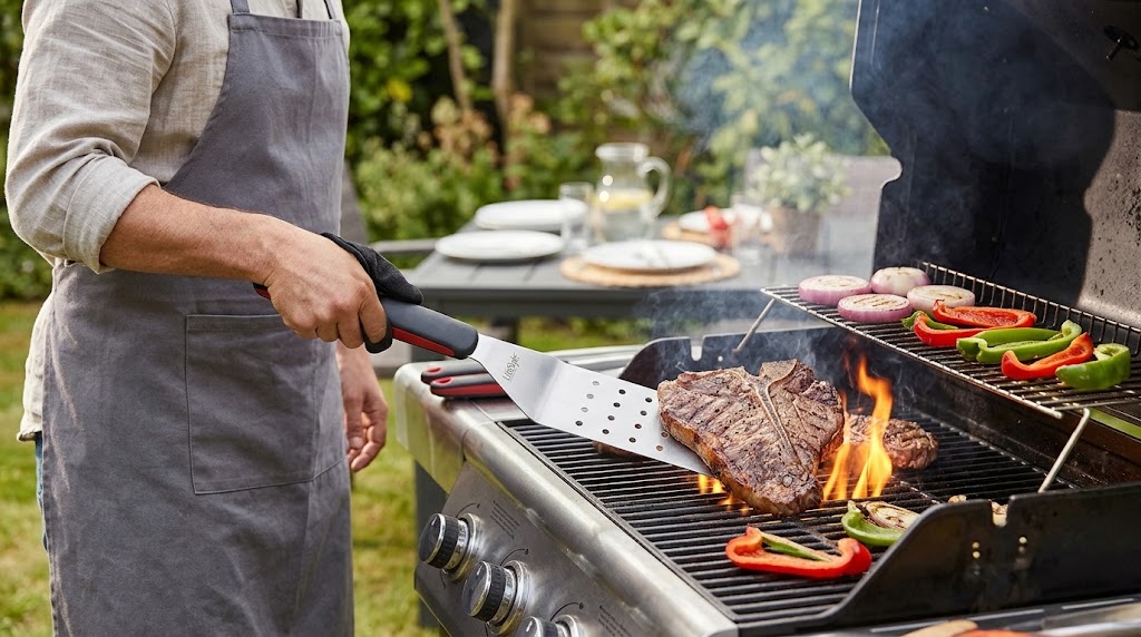 Espátula barbacoa profesional LifeStyle de acero inoxidable con pala perforada, medidas 42,5 x 7,2 cm y mango ergonómico negro y rojo con anilla para colgar