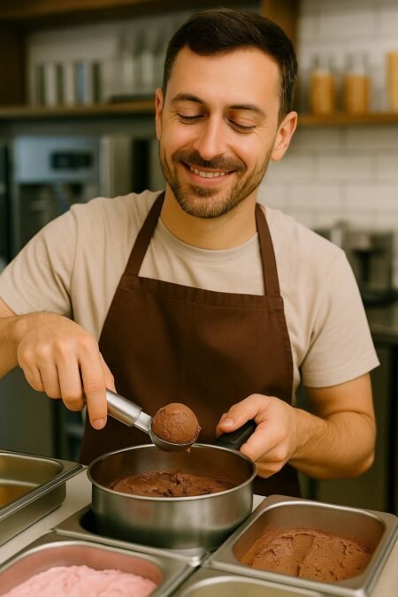 Cuchara de helado profesional LifeStyle de acero inoxidable con expulsor mecánico en medidas 4,6cm y 5,5cm para bolas perfectas - GarHome.