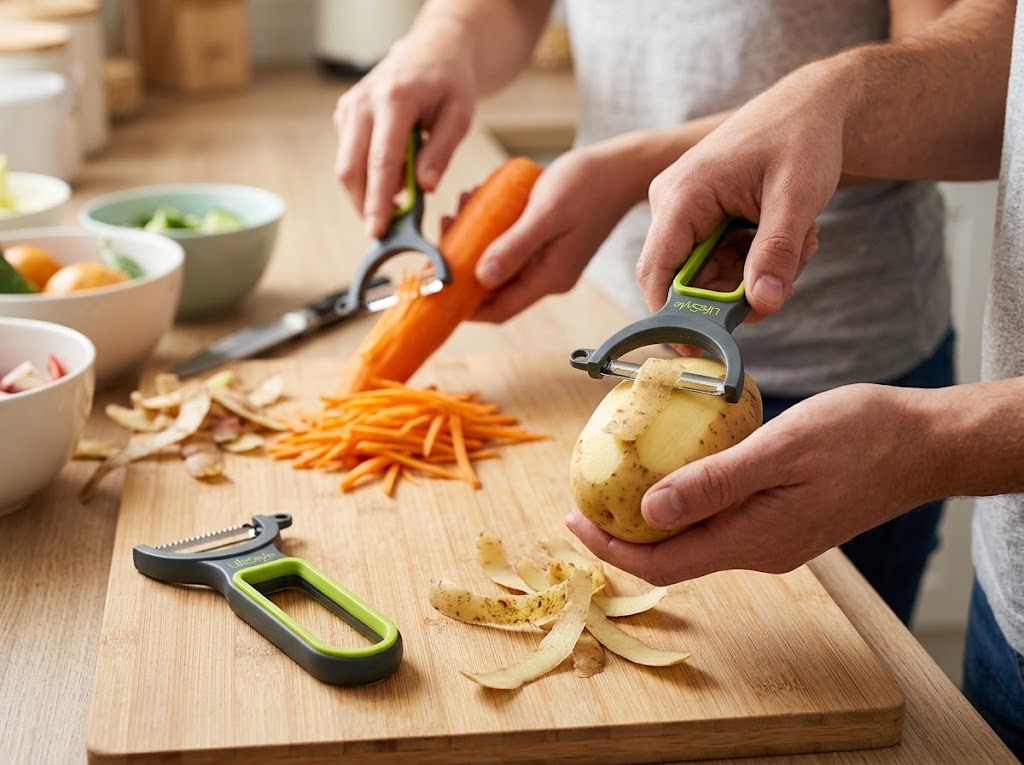 Pack 3 peladores LifeStyle de acero inoxidable con cuchillas para tomate, juliana y verduras