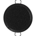 Paellera valenciana de acero esmaltado negro marca Vaello para gas y leña.