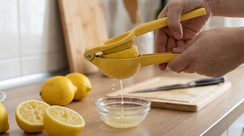 Exprimidor de limones manual Quttin de aluminio reforzado en opciones de color verde y amarillo con diseño de prensa por palanca