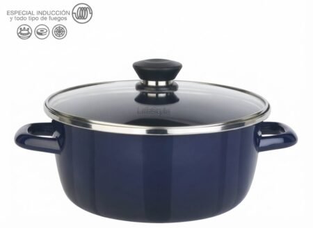 Olla esmaltada LifeStyle Vintage azul con tapa de vidrio, apta para inducción