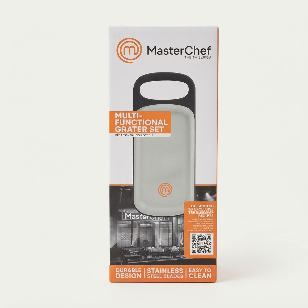 set de rallador multifunción MasterChef con contenedor transparente y múltiples cuchillas de acero inoxidable